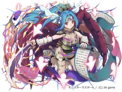 Rule 34 | 1girl, arm warmers, black footwear, blue eyes, breasts, cleavage, company name, fishnets, full body, hair ornament, headband, holding, holding sword, holding weapon, arthropod girl, long hair, looking at viewer, maasa, medium breasts, official art, original, red eyes, scar, scroll, simple background, solo, spider girl, sword, thigh strap, very long hair, weapon, white background