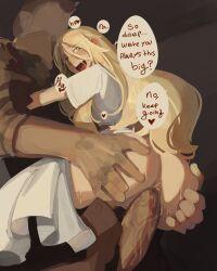 Rule 34 | 1boy, 1girl, ainne (sushoartworks), ass grab, blonde hair, blush, commentary, dress, english commentary, english text, erection, freckles, hair between eyes, hetero, highres, indoors, long hair, open mouth, original, penis, sex, short sleeves, speech bubble, standing, standing sex, sushoartworks, suspended congress, sweat, white dress
