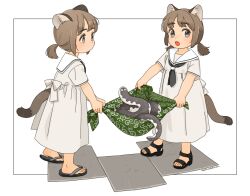 Rule 34 | 2girls, akai sashimi, animal, animal ear fluff, animal ears, black border, black footwear, black neckerchief, border, brown hair, closed mouth, dot nose, dress, eel, flip-flops, full body, furoshiki, grey eyes, highres, holding, light brown hair, looking to the side, multiple girls, neckerchief, open mouth, raised eyebrows, ribbon, sailor dress, sandals, short ponytail, short twintails, signature, simple background, standing, tail, tiles, twintails, white background, white dress, white ribbon