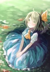 Rule 34 | 1girl, ascot, blue dress, blush, closed mouth, collared shirt, daiyousei, dress, fairy, fairy wings, green eyes, green hair, long hair, nooca, puffy short sleeves, puffy sleeves, shirt, short sleeves, side ponytail, smile, solo, touhou, white shirt, wings, yellow ascot