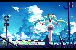 Rule 34 | 1girl, ^ ^, absurdres, ahoge, aqua hair, baisi shaonian, barbed wire, bird, closed eyes, cloud, day, closed eyes, hair ribbon, hatsune miku, highres, legs, letterboxed, long hair, midriff, navel, outdoors, outstretched arms, paper airplane, railroad crossing, ribbon, sailor collar, short sleeves, shorts, sky, smile, solo, standing, twintails, very long hair, vocaloid