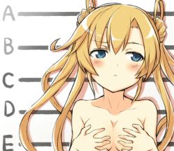 Rule 34 | 10s, 1girl, :&lt;, abukuma (kancolle), blonde hair, blue eyes, blush, breast hold, breasts, breasts squeezed together, collarbone, covering privates, covering breasts, double bun, engiyoshi, hair between eyes, hair bun, hair rings, kantai collection, long hair, looking away, looking to the side, nude, simple background, solo, upper body, white background