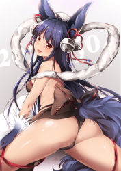 Rule 34 | 10s, 1girl, :d, animal ears, ass, back, bare back, bare shoulders, bell, black bow, blue hair, blush, bow, breasts, chiyingzai, covered erect nipples, cowboy shot, erune, eyebrows, fox ears, fox tail, from behind, fur trim, gloves, granblue fantasy, grey background, hagoromo, hair bell, hair ornament, highres, jingle bell, leg ribbon, long hair, looking at viewer, looking back, medium breasts, open mouth, pussy juice, red eyes, red ribbon, ribbon, shawl, smile, solo, tail, thighhighs, very long hair, yuel (granblue fantasy)
