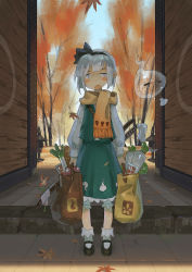Rule 34 | 1girl, puff of air, = =, autumn, autumn leaves, bag, baguette, black footwear, bloomers, blue eyes, blush stickers, bobby socks, bread, daikon, food, full body, green skirt, groceries, hair ribbon, holding, holding bag, katana, konpaku youmu, konpaku youmu (ghost), leaf, long sleeves, looking at viewer, mary janes, meat, open mouth, orange scarf, outdoors, pavement, radish, ribbon, scabbard, scarf, scenery, seeker, shade, sheath, sheathed, shirt, shoes, shopping bag, short hair, sigh, silver hair, skirt, skirt set, socks, solo, spring onion, standing, stone lantern, sword, touhou, tree, underwear, vest, weapon, white socks