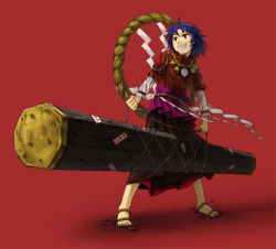 Rule 34 | 1girl, bad id, bad pixiv id, blue hair, broken ground, carrying, chain, female focus, grin, hairband, huge weapon, kurione (pixiv), kurione (zassou), onbashira, red background, red eyes, rope, sandals, short hair, simple background, smile, solo, touhou, weapon, yasaka kanako