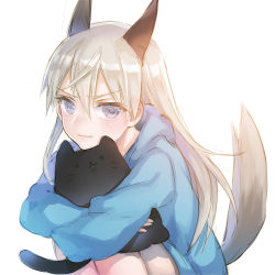 Rule 34 | 1girl, animal ears, blonde hair, blue eyes, blush, eila ilmatar juutilainen, frown, highres, hood, hoodie, hug, knees to chest, knees to chest, hugging own legs, long hair, hugging object, sitting, solo, strike witches, stuffed animal, stuffed cat, stuffed toy, tail, world witches series, yamori (stom)