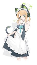 Rule 34 | 1girl, animal ear headphones, animal ears, apron, bare shoulders, blonde hair, blue archive, blush, cat ear headphones, closed mouth, commentary, fake animal ears, green eyes, halo, headphones, highres, looking at viewer, maid, maid apron, maid headdress, midori (blue archive), midori (maid) (blue archive), nemo (leafnight), official alternate costume, short twintails, simple background, solo, symbol-only commentary, tail, twintails, white background
