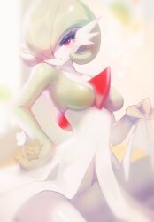 Rule 34 | 1girl, :t, absurdres, blurry, blurry background, blush, bob cut, breasts, bug, butterfly, butterfly on hand, chromatic aberration, collarbone, colored skin, cowboy shot, creatures (company), day, female focus, game freak, gardevoir, gen 3 pokemon, green hair, green skin, hair over one eye, half-closed eyes, hand on own hip, hand up, heart, heart-shaped pupils, highres, insect, lifted by self, looking at viewer, medium breasts, mei gushi de shen yue, mole, mole under eye, multicolored skin, nintendo, one eye covered, pokemon, pokemon (creature), pout, red eyes, shiny skin, short hair, solo, symbol-shaped pupils, two-tone skin, white skin