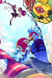 Rule 34 | 1boy, 1girl, 3d rod!, arms (game), biff (arms), bike shorts, blonde hair, blue hair, blue sky, boxing gloves, cobushii (arms), day, domino mask, drill hair, fighting, highres, mask, midriff, nintendo, ribbon girl (arms), shorts, shorts under skirt, skirt, sky, spring man (arms)