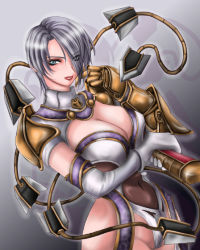 Rule 34 | 1041 (toshikazu), 1girl, blue eyes, breasts, cleavage, eyes visible through hair, grey hair, hair over one eye, isabella valentine, large breasts, looking at viewer, short hair, solo, soul calibur, soulcalibur iii, sword, very short hair, weapon, whip, whip sword