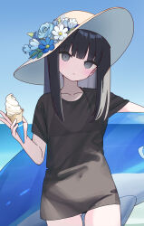 Rule 34 | 1girl, bikini, black bikini, black hair, blunt bangs, blush, closed mouth, collarbone, colored inner hair, cowboy shot, day, eyelashes, flat chest, flower, food, gluteal fold, grey eyes, grey hair, hand up, hat, hat flower, head tilt, highres, holding, ice cream, ice cream cone, inflatable dolphin, inflatable toy, long hair, mole, mole on stomach, multicolored hair, navel, no pants, ocean, original, outdoors, see-through, see-through shirt, shirt, sidelocks, skindentation, soft serve, solo, sun hat, swimsuit, swimsuit under clothes, t-shirt, zenshin