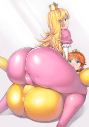 Rule 34 | 2girls, :d, adapted costume, arched back, ass, blonde hair, blue eyes, bodysuit, covered anus, crown, earrings, elbow gloves, fat mons, from behind, gem, gloves, gradient background, huge ass, human stacking, jewelry, long hair, looking at viewer, looking back, mario (series), mating press, multiple girls, nagase haruhito, nintendo, open mouth, orange hair, parted bangs, pink bodysuit, princess daisy, princess peach, puffy short sleeves, puffy sleeves, shiny clothes, short sleeves, skin tight, smile, super mario bros. 1, super mario land, thick thighs, thighs, tribadism, white background, white gloves, wide hips, yellow bodysuit, yuri