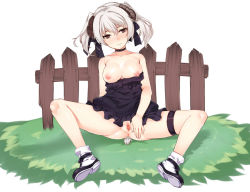 Rule 34 | 1girl, anus, bad id, bad pixiv id, black eyes, breasts, censored, clothes lift, clothes pull, dress, dress lift, dress pull, horns, nipples, original, pussy, sheep girl, sheep horns, sheep tail, short hair, silver hair, solo, spread legs, spread pussy, tail, tama (tamatamo), thigh strap, twintails