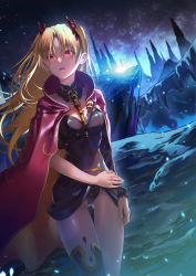 Rule 34 | 1girl, black dress, black thighhighs, blonde hair, cape, commentary request, dress, ereshkigal (fate), fate/grand order, fate (series), hair between eyes, hair ribbon, kainown, long hair, multicolored cape, multicolored clothes, open mouth, red cape, red eyes, red ribbon, ribbon, short dress, single sleeve, single thighhigh, skull, solo, spine, thighhighs, two side up, underground, very long hair, yellow cape