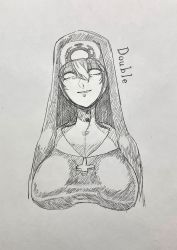 Rule 34 | blank eyes, breasts, character name, cross, cross necklace, double (skullgirls), highres, jewelry, large breasts, necklace, nun, pen (medium), skullgirls, smile, traditional media, unisan, upper body
