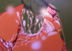 Rule 34 | 1girl, breasts, censored, chunsoft, cum, cum in pussy, dragon quest, dragon quest iii, enix, folded, game cg, interspecies, large breasts, legs up, monster, papepox2, penis, purple hair, sex, soldier (dq3), testicles, vaginal