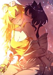 Rule 34 | animal ears, blake belladonna, blush, breasts, cat ears, cherry in the sun, cleavage, licking, licking another&#039;s neck, mechanical arms, prosthesis, rwby, single mechanical arm, smile, sunglasses, sunglasses on head, vest, yang xiao long, zipping