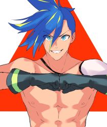 Rule 34 | 1boy, abs, black gloves, blue eyes, blue hair, fist bump, galo thymos, gloves, grin, highres, looking at viewer, lq saku, male focus, pectorals, promare, topless male, smile, spiked hair