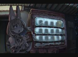 Rule 34 | 1girl, animal ear fluff, animal ears, belt, black belt, blonde hair, blue eyes, breasts, broken glass, can, center opening, chromatic aberration, commentary request, dithering, elbow gloves, fisheye, glass, gloves, hands up, holding, holding can, i love serval, jaggy lines, kemono friends, letterboxed, light particles, medium breasts, medium hair, night, open mouth, outdoors, paper, print gloves, revision, serval (kemono friends), serval print, solo, teeth, upper body, upper teeth only, vending machine