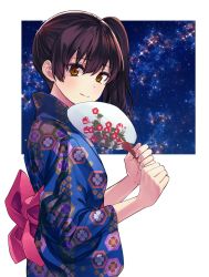 Rule 34 | 10s, 1girl, ayasugi tsubaki, blue kimono, brown eyes, brown hair, commentary request, hand fan, floral print, highres, japanese clothes, kaga (kancolle), kantai collection, kimono, looking at viewer, night, night sky, obi, paper fan, sash, side ponytail, sky, smile, solo, uchiwa, wide sleeves