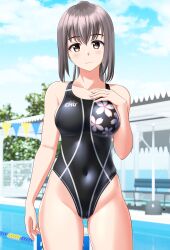 Rule 34 | 1girl, absurdres, black one-piece swimsuit, blue sky, breasts, brown eyes, closed mouth, cloud, commentary request, competition swimsuit, contrapposto, covered navel, cowboy shot, day, floral print, gluteal fold, grey hair, groin, hand on own chest, highleg, highleg swimsuit, highres, lane line, long hair, looking at viewer, medium breasts, one-piece swimsuit, original, outdoors, pool, sidelocks, sky, solo, swimsuit, takafumi