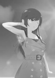 Rule 34 | 1girl, absurdres, arm up, armpits, bangs, belt, buttons, clenched hand, cloud, dress, eyebrows visible through hair, greyscale, hand in own hair, highres, idolmaster, idolmaster shiny colors, looking away, maruyama yama, monochrome, one eye closed, osaki amana, parted lips, sky, sleeveless, steam, sunlight, sweat, sweaty clothes