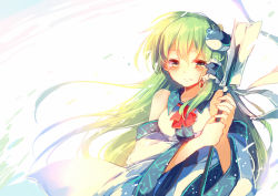 Rule 34 | 1girl, ascot, backlighting, bare shoulders, blouse, blush, detached sleeves, frog hair ornament, gohei, green eyes, green hair, hair between eyes, hair ornament, kochiya sanae, long hair, long sleeves, looking at viewer, matching hair/eyes, oonusa, red ascot, shirt, simple background, solo, tears, touhou, very long hair, white background, white shirt, wide sleeves, yetworldview kaze