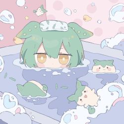 Rule 34 | 1girl, animal ears, beans, blush stickers, bright pupils, dot nose, double-parted bangs, floating food, foam, green hair, half-closed eyes, highres, hinase01, in bathtub, indoors, mouth submerged, pastel colors, portrait, rubber duck, solo, towel, towel on head, voiceroid, voicevox, white pupils, yellow eyes, zundamon