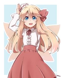 Rule 34 | 1girl, alternate costume, blonde hair, blue background, blue eyes, blush, bow, fairy wings, hair ornament, hair ribbon, hat, highres, lily white, long hair, long sleeves, looking at viewer, mini hat, open mouth, ribbon, shirt, signature, simple background, skirt, smile, solo, touhou, very long hair, wings, yutamaro