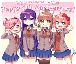 Rule 34 | 4girls, :d, anniversary, black legwear, blue eyes, blue skirt, bow, brown hair, commentary request, copyright name, doki doki literature club, english text, fang, gesture, green eyes, grey jacket, grin, hair between eyes, hair bow, hair ornament, hair ribbon, hairclip, highres, jacket, long hair, long sleeves, monika (doki doki literature club), multiple girls, nan (gokurou), natsuki (doki doki literature club), open clothes, open jacket, open mouth, pink eyes, pink hair, pleated skirt, ponytail, purple eyes, purple hair, red bow, red ribbon, ribbon, sayori (doki doki literature club), school uniform, short hair, simple background, skin fang, skirt, smile, thighhighs, two side up, very long hair, white background, white ribbon, yuri (doki doki literature club), zettai ryouiki