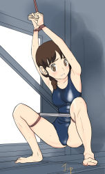 Rule 34 | 1girl, amano natsume, arms up, barefoot, bdsm, blush, bondage, bound, bound legs, bound wrists, braid, brown eyes, brown hair, clenched teeth, feet, female focus, jipin, looking at viewer, one-piece swimsuit, rope, signature, sketch, solo, spreader bar, squatting, swimsuit, teeth, youkai watch, youkai watch shadowside