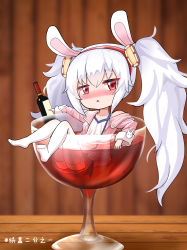 Rule 34 | 1girl, absurdres, alcohol, animal ears, azur lane, blurry, blurry background, blush, bottle, camisole, chibi, collarbone, commentary request, cup, drinking glass, drunk, eyebrows hidden by hair, fake animal ears, full body, fur-trimmed jacket, fur trim, hair between eyes, hair ornament, hairband, highres, holding, holding bottle, jacket, laffey (azur lane), long hair, long sleeves, looking at viewer, no shoes, nose blush, off-shoulder jacket, off shoulder, open clothes, open jacket, partially submerged, pink jacket, pleated skirt, rabbit ears, red eyes, red hairband, red skirt, shadow, sidelocks, single bare shoulder, skirt, solo, table, thighhighs, triangle mouth, twintails, twitter username, very long hair, white camisole, white hair, white thighhighs, wine, wine bottle, wine glass, wooden table, zhihe box