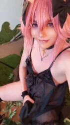 Rule 34 | 1boy, animated, asian, astolfo (fate), astolfo (fate) (cosplay), cosplay, crossdressing, erection, fate/grand order, fate (series), gloves, hair ribbon, highres, jewelry, lingerie, male focus, masturbation, navel, necklace, panties, penis, photo (medium), pink hair, pubic tattoo, purple eyes, real life, ribbon, see-through, solo, sound, tagme, tattoo, testicles, trap, underwear, undressing, velvetchann, video, wig
