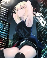 Rule 34 | 1girl, armpits, arms behind head, arms up, artoria pendragon (all), artoria pendragon (fate), bare shoulders, black camisole, black footwear, black ribbon, black shorts, blonde hair, boots, breasts, building, camisole, cityscape, cleavage, collarbone, fate/grand order, fate/stay night, fate (series), hair ribbon, highres, jewelry, long hair, looking at viewer, low ponytail, medium breasts, michinoku (michino934), necklace, night, night sky, official alternate costume, ribbon, saber alter, saber alter (ver. shinjuku 1999) (fate), short shorts, shorts, sidelocks, sky, skyscraper, solo, thighs, yellow eyes
