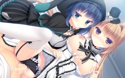 Rule 34 | 1boy, 2girls, assisted exposure, ayase chisato, black panties, blue eyes, blue hair, blush, grabbing another&#039;s breast, breasts, breasts out, brown hair, capelet, censored, chuunibyou na kanojo no love equation, clothed sex, clothes lift, clothing aside, cowgirl position, cum, cum in pussy, dress, dress lift, frilled dress, frills, game cg, grabbing, group sex, hat, hood, hoodie, jewelry, kaniya shiku, kohinata aoi, large breasts, lolita fashion, long hair, looking at viewer, looking away, mini hat, mini top hat, mosaic censoring, multiple girls, necklace, nipples, panties, panties aside, penis, purple eyes, pussy, sex, single hair intake, straddling, top hat, underwear, vaginal, yukie (peach candy)