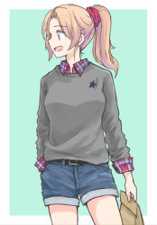 Rule 34 | 1girl, bag, bare legs, blonde hair, contrapposto, girls und panzer, hair ornament, hair scrunchie, hand in pocket, holding, kay (girls und panzer), looking to the side, mutsu (layergreen), open mouth, paper bag, plaid, plaid shirt, ponytail, scrunchie, shirt, shorts, simple background, sweater