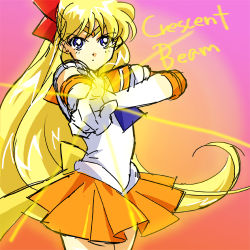 Rule 34 | 1990s (style), 1girl, aino minako, bad id, bad pixiv id, bishoujo senshi sailor moon, blonde hair, blue eyes, bow, elbow gloves, english text, gloves, long hair, looking at viewer, lowres, orange skirt, pleated skirt, red bow, sailor senshi, sailor venus, skirt, solo, tktn, very long hair, white gloves