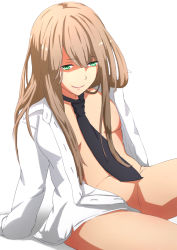 Rule 34 | 1girl, bad id, bad pixiv id, breasts, brown hair, green eyes, highres, long hair, md5 mismatch, naked shirt, navel, necktie, open clothes, open shirt, original, re:re:re:, shirt, simple background, sitting, sleeves past wrists, small breasts, smile, solo, white background