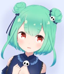 Rule 34 | 1girl, blue bow, blue dress, blue sleeves, blush, bow, brooch, commentary, detached sleeves, double bun, dress, earrings, green hair, hair bow, hair bun, hair ornament, highres, hololive, ixia (ixia424), jewelry, looking at viewer, open mouth, purple background, red eyes, short hair, simple background, skull earrings, skull hair ornament, sleeveless, sleeveless dress, solo, symbol-shaped pupils, upper body, uruha rushia, uruha rushia (1st costume), virtual youtuber