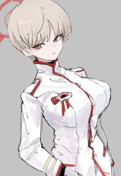 Rule 34 | 1girl, absurdres, bad id, bad twitter id, blonde hair, blue archive, breasts, closed mouth, grey background, highres, jacket, large breasts, long sleeves, marina (blue archive), medal, military, military uniform, ocha (popopogg), short hair, simple background, sketch, solo, uniform, white jacket, yellow eyes