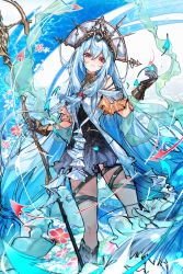 Rule 34 | 1girl, absurdres, angelfish, arknights, black dress, black footwear, black gloves, boots, dress, fish, gloves, grey hair, hat, highres, holding, holding staff, koli (ssssoliko), leg wrap, long hair, looking at viewer, official alternate costume, red eyes, skadi (arknights), skadi the corrupting heart (arknights), skadi the corrupting heart (sublimation) (arknights), solo, staff, two-tone dress, very long hair, water, white dress, white hat
