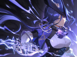 Rule 34 | 1girl, artist name, ascot, black hair, blue hair, breasts, clorinde (genshin impact), corset, electricity, genshin impact, gloves, hat, highres, holding, holding sword, holding weapon, jewelry, long hair, looking at viewer, medium breasts, purple eyes, shirt, so zei tama tama, solo, sword, tricorne, upper body, very long hair, vision (genshin impact), weapon, white gloves, white shirt
