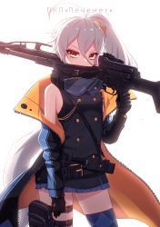 Rule 34 | 1girl, ahoge, argyle, argyle clothes, argyle legwear, armpit crease, bad id, bad pixiv id, bare shoulders, belt pouch, black gloves, black shirt, blue jacket, blue skirt, blue thighhighs, breasts, buttons, commentary, contrapposto, covering own mouth, cowboy shot, girls&#039; frontline, gloves, goggles, goggles around neck, gun, hair between eyes, hair ornament, hair scrunchie, hand up, highres, holding, holding gun, holding weapon, jacket, leg belt, long hair, long sleeves, looking at viewer, machine gun, miniskirt, narynn, off shoulder, open clothes, open jacket, pkp (girls&#039; frontline), pkp pecheneg, pouch, russian text, sanpaku, scrunchie, shirt, side ponytail, silver hair, simple background, single thighhigh, skirt, sleeveless, sleeveless shirt, sleeveless turtleneck, sleeves past wrists, small breasts, solo, standing, thighhighs, turtleneck, v-shaped eyebrows, very long hair, weapon, white background, yellow eyes, yellow scrunchie, zettai ryouiki, zipper
