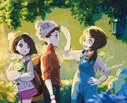 Rule 34 | 1boy, 2girls, :d, age difference, anniversary, backpack, bag, beanie, blue overalls, brown bag, brown eyes, brown hair, budew, buttons, cable knit, cardigan, child, commentary request, creatures (company), day, dress, dynamax band, family, galar mother, game freak, gen 4 pokemon, glasses, gloria (pokemon), green-framed eyewear, green headwear, grey cardigan, grey headwear, grey shirt, hair tie, hand on own hip, hand up, happy, hat, height difference, highres, holding, holding pokemon, mother (pokemon), mother and daughter, mother and son, multiple girls, nintendo, open mouth, outdoors, overalls, pink dress, plaid, pokemon, pokemon (creature), pokemon swsh, red shirt, shira1, shirt, smile, tam o&#039; shanter, teeth, tongue, upper teeth only, victor (pokemon)