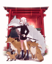 Rule 34 | 1girl, fox, fox mask, grey hair, highres, mask, musco, original, sword, torii, weapon