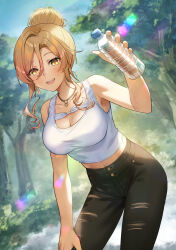 Rule 34 | 1girl, :d, bare arms, bare shoulders, black pants, blonde hair, blue sky, blush, bottle, breasts, brown eyes, cleavage, cleavage cutout, clothing cutout, cloud, commentary request, crop top, day, fang, hair between eyes, hair bun, highres, holding, holding bottle, leaning forward, medium breasts, midriff, mosomoso, navel, nijisanji, nui sociere, nui sociere (7th costume), open mouth, outdoors, pants, parted bangs, shirt, sky, sleeveless, sleeveless shirt, smile, solo, torn clothes, torn pants, tree, virtual youtuber, water bottle, white shirt