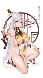 Rule 34 | 1girl, black footwear, branch, breasts, censored, china dress, chinese clothes, chinese commentary, chinese text, commentary request, da mao banlangen, dress, flower, full body, genshin impact, hair flaps, hair ornament, hair stick, hand on own knee, hand up, high heels, highres, holding, holding smoking pipe, large breasts, lips, long hair, looking at viewer, mosaic censoring, ningguang (genshin impact), on one knee, parted bangs, parted lips, pink flower, pubic tattoo, red eyes, shiny skin, simple background, smoke, smoking pipe, solo, tassel, tassel hair ornament, tattoo, translation request, very long hair, white background, white dress, white hair