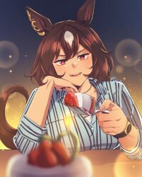 Rule 34 | 1girl, animal ears, arm on table, blurry, blurry foreground, blush, breasts, brown hair, cake, collared shirt, commentary request, ear ornament, food, fork, gaman, hair between eyes, head rest, highres, holding, holding fork, horse ears, horse girl, jewelry, lens flare, long hair, long sleeves, looking at viewer, medium breasts, multicolored hair, necklace, official alternate costume, red eyes, shirt, sirius symboli (umamusume), smile, solo, strawberry shortcake, streaked hair, striped clothes, striped shirt, table, teeth, umamusume, upper teeth only, vertical-striped clothes, vertical-striped shirt, very long hair, watch, white hair, wristwatch