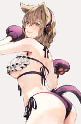 Rule 34 | 1girl, animal hands, ass, blush, breasts, brown eyes, cat paws, cat tail, closed mouth, cowboy shot, earmuffs, grey background, hair between eyes, highres, light brown hair, medium breasts, pointy hair, short hair, simple background, smile, solo, syuri22, tail, touhou, toyosatomimi no miko