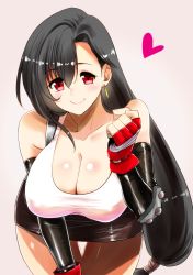 Rule 34 | 1990s (style), 1girl, black hair, blush, breasts, cleavage, earrings, final fantasy, final fantasy vii, heart, jewelry, large breasts, long hair, looking at viewer, perepere-kun, red eyes, retro artstyle, simple background, smile, solo, tifa lockhart